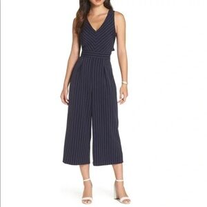 1901 V-Neck Wide Leg Cropped Tie Back Pinstripe Jumpsuit
